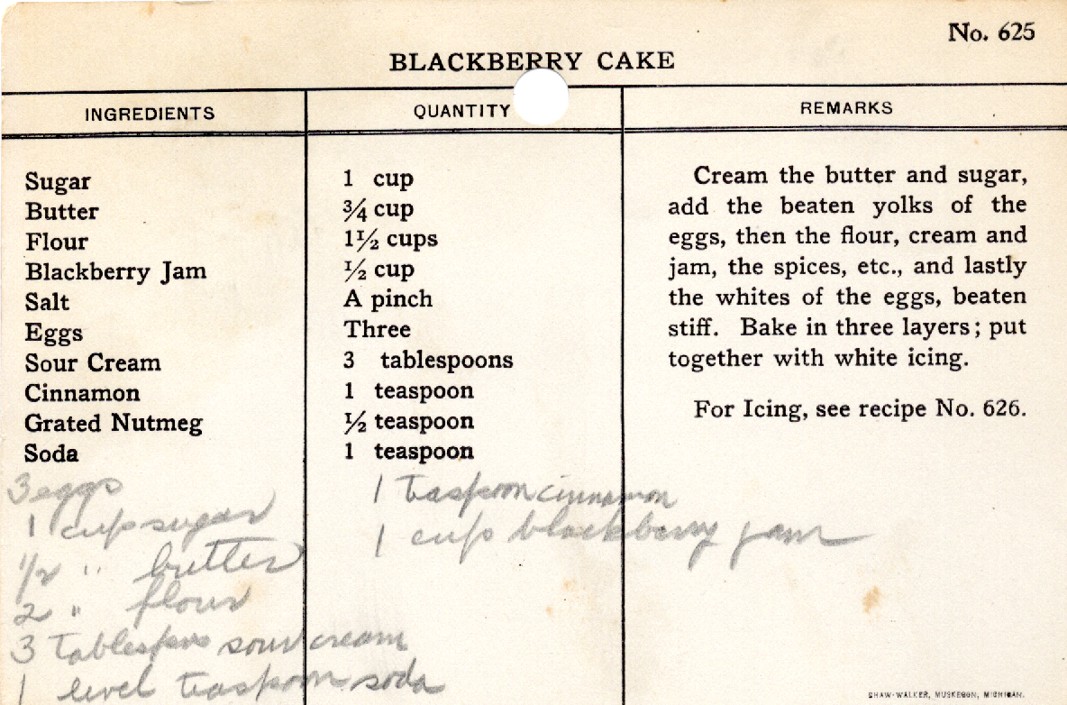 Original recipe card for Blackberry Cake