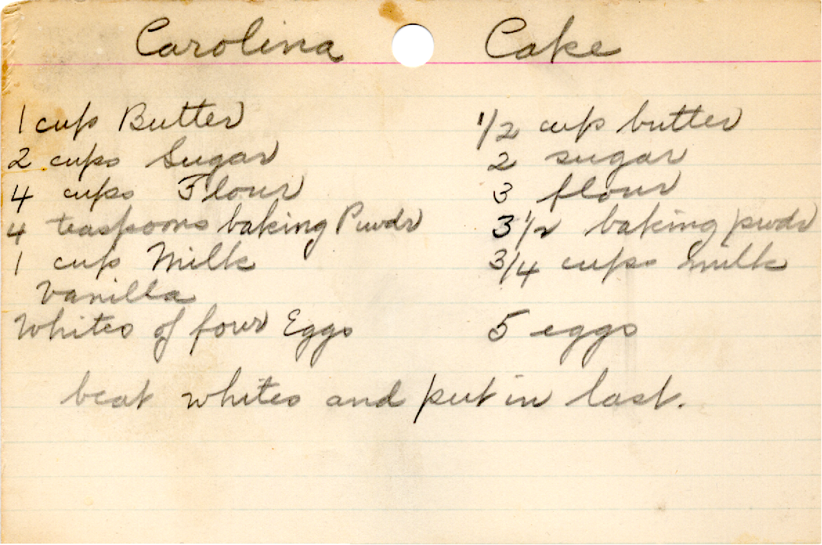 Original recipe card for Carolina Cake