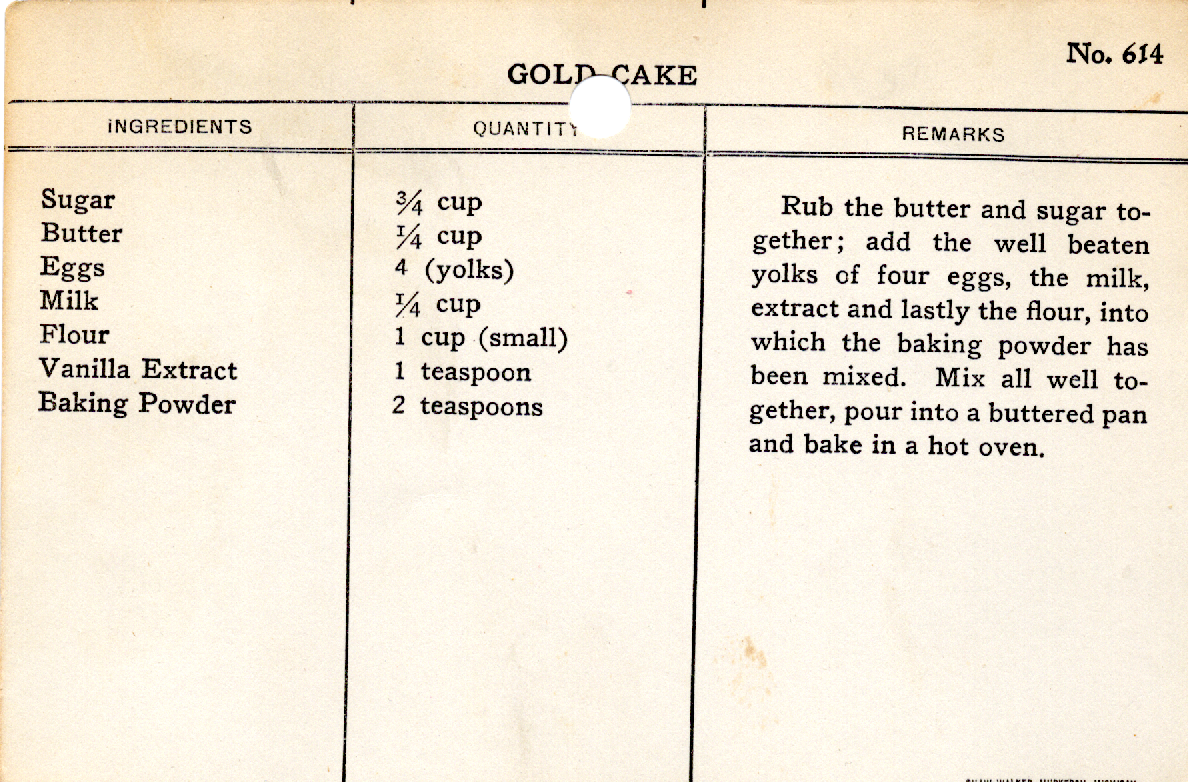 Original recipe card for Gold Cake