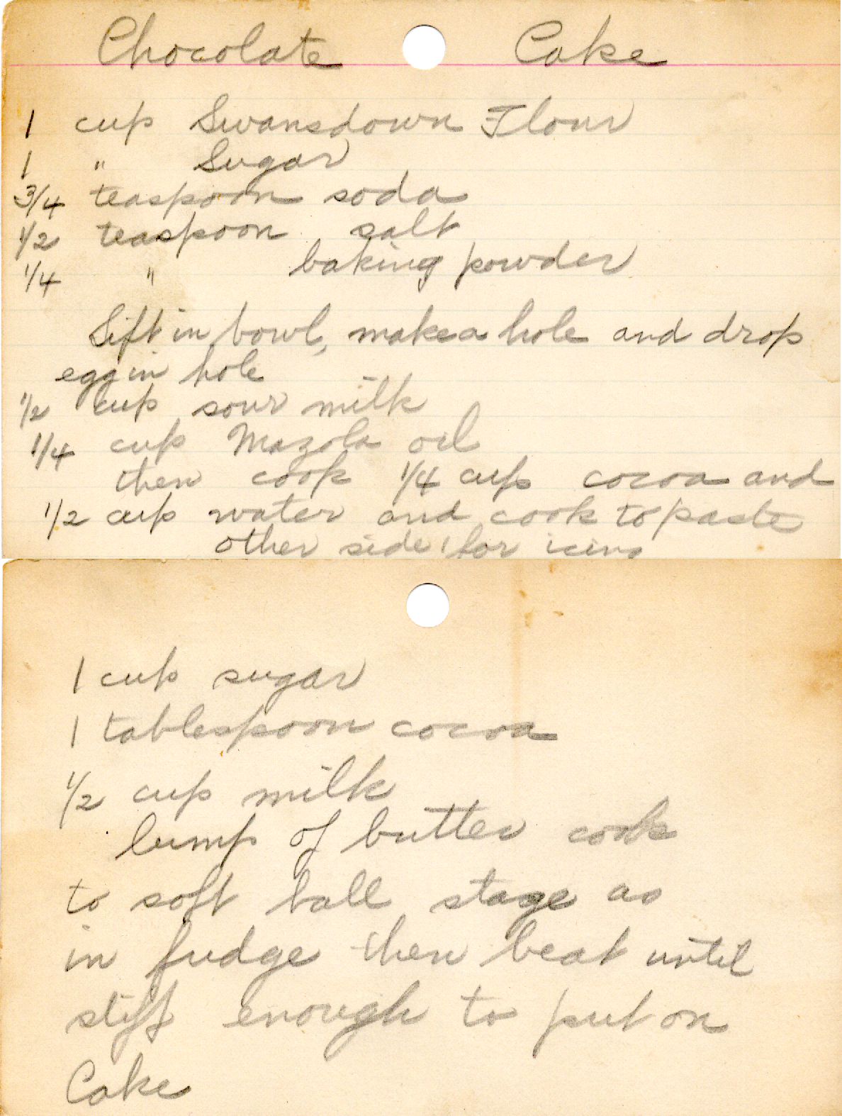 Original recipe card for Chocolate Cake