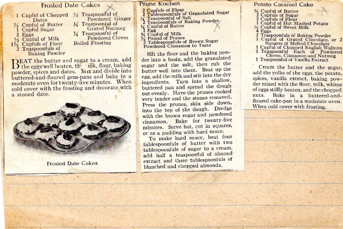 Original recipe card for Frosted Date Cakes