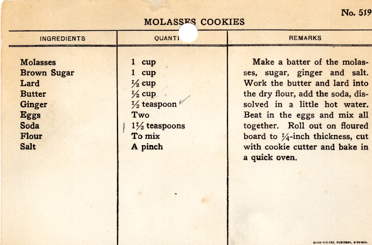 Original recipe card for Molasses Cookies