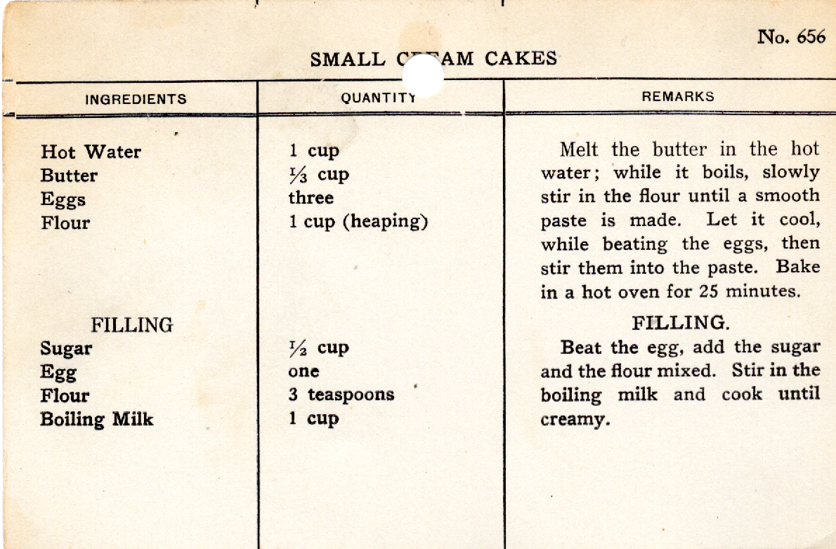 Original recipe card for Small Cream Cakes