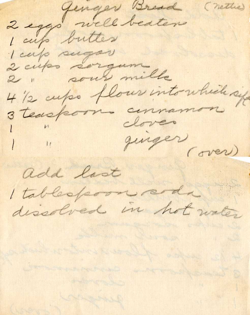 Original recipe card for Ginger Bread