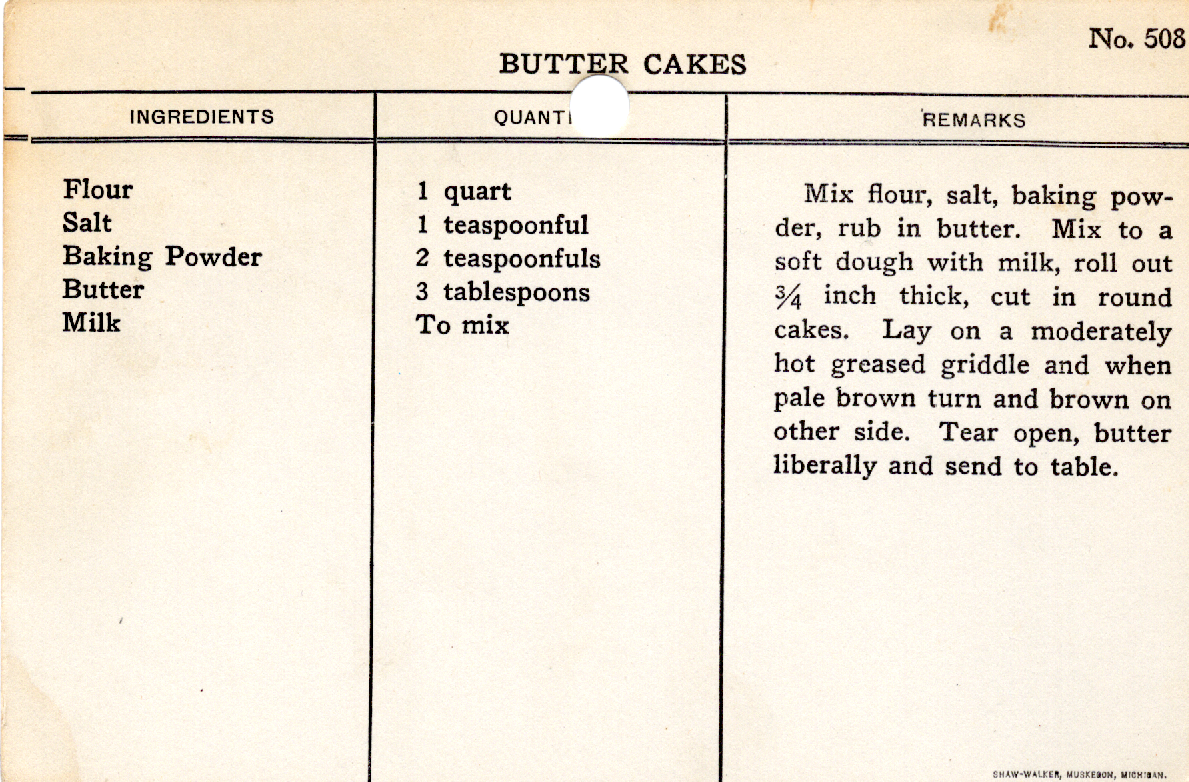 Original recipe card for Butter Cakes