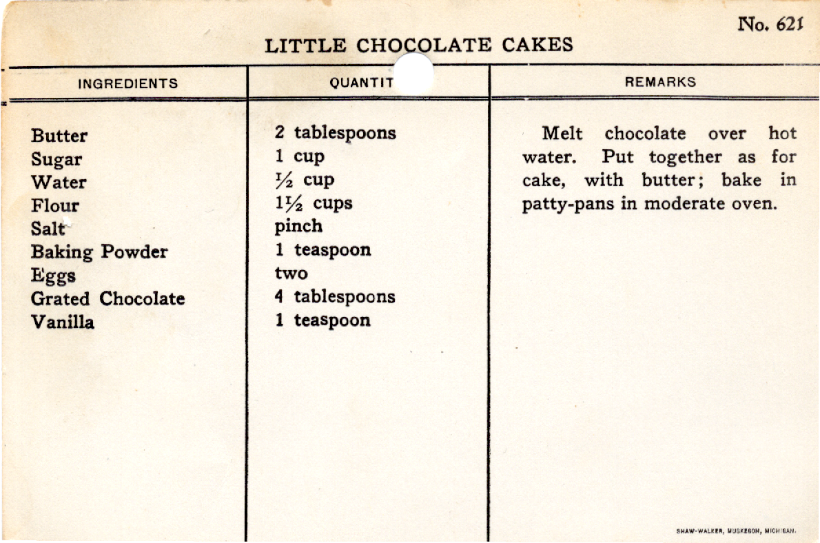 Original recipe card for Little Chocolate Cakes