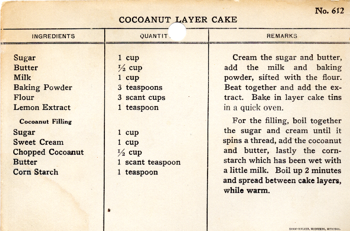 Original recipe card for Cocoanut Layer Cake