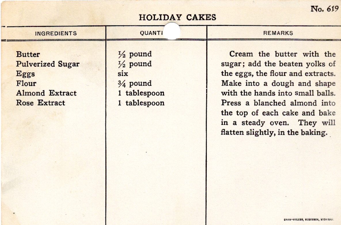 Original recipe card for Holiday Cakes