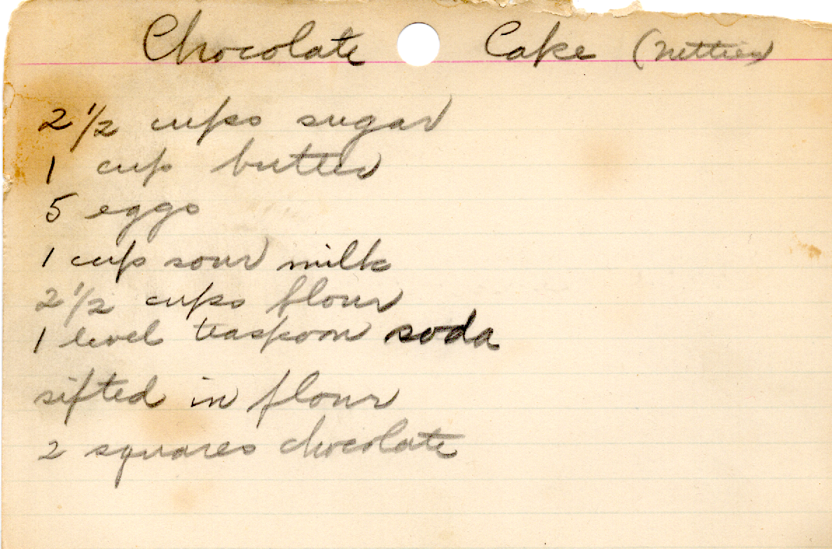 Original recipe card for Chocolate Cake