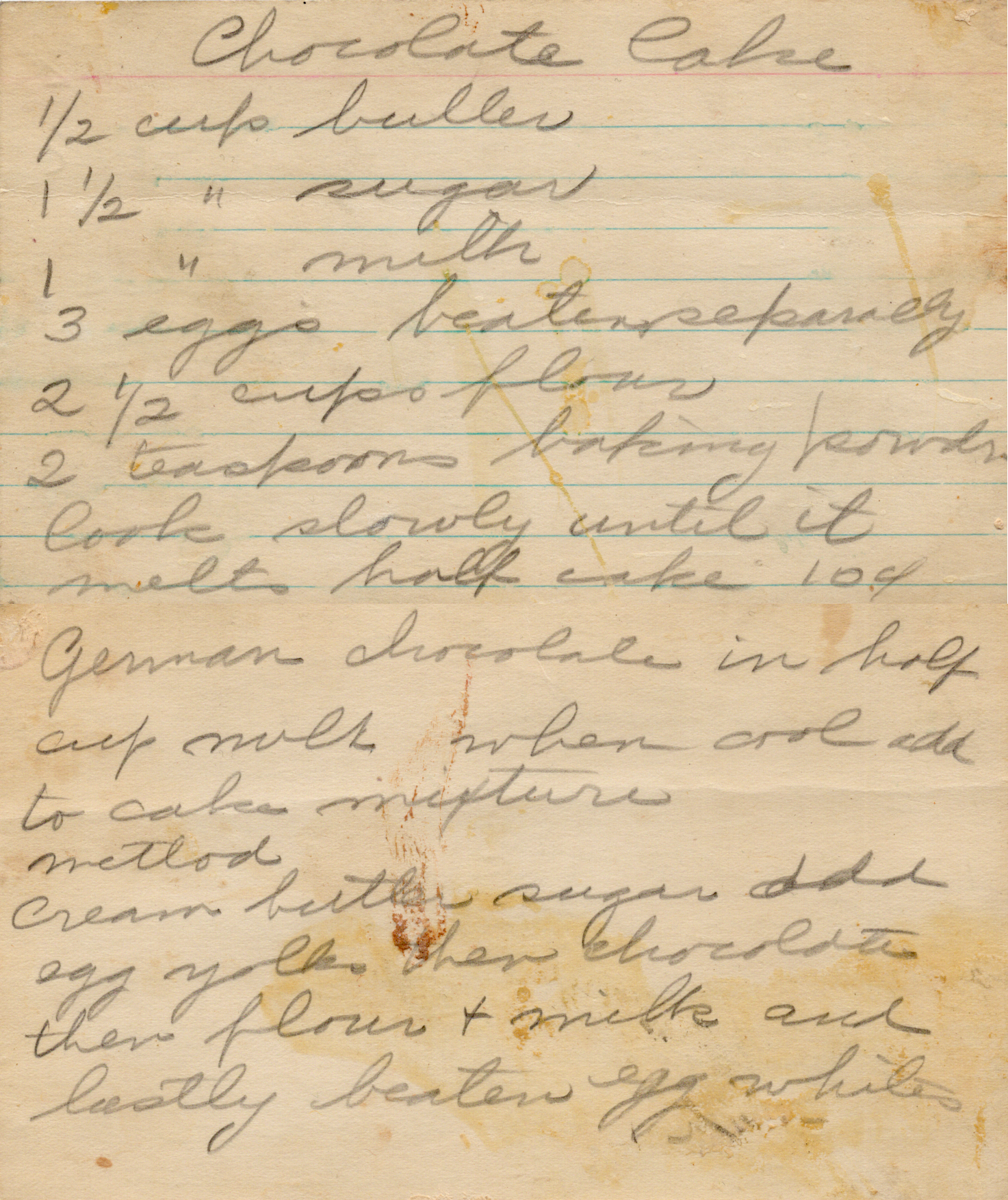 Original recipe card for Chocolate Cake