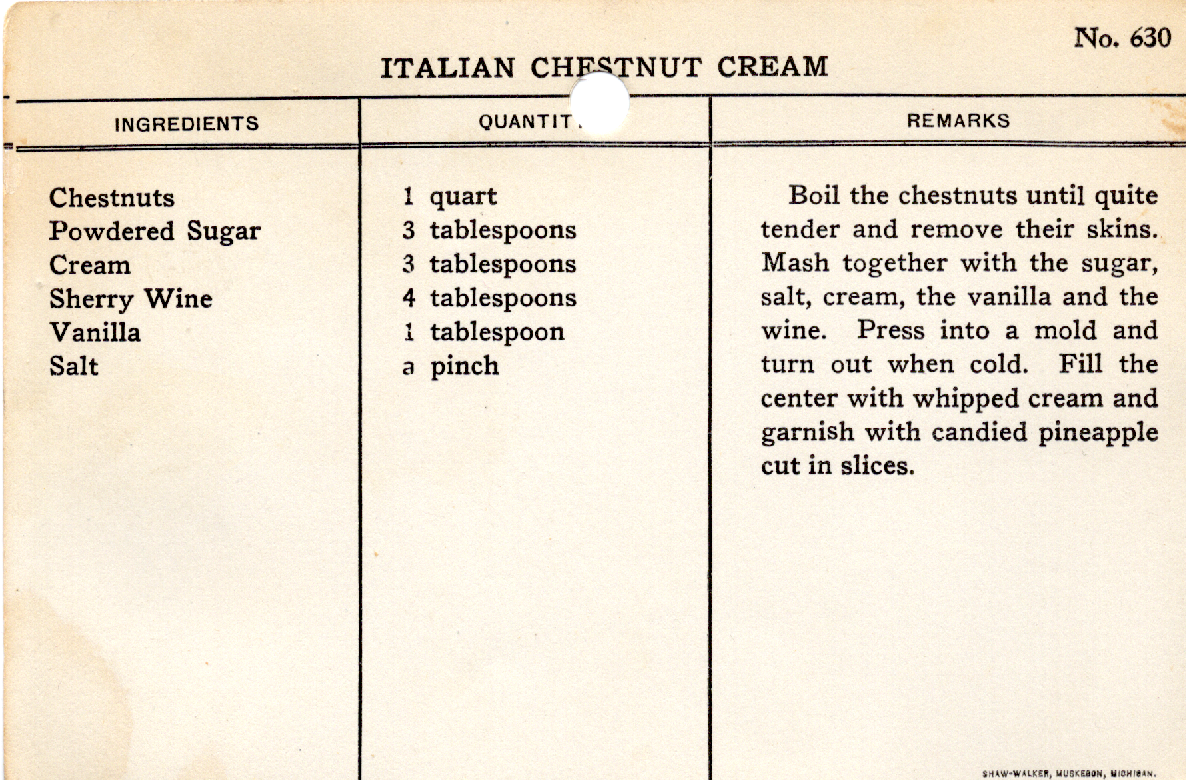Original recipe card for Italian Chestnut Cream