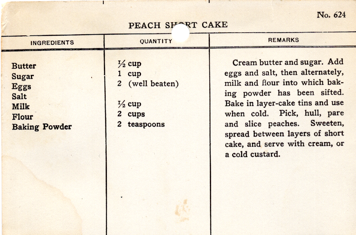 Original recipe card for Peach Short Cake