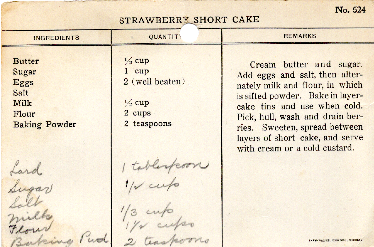 Original recipe card for Strawberry Short Cake