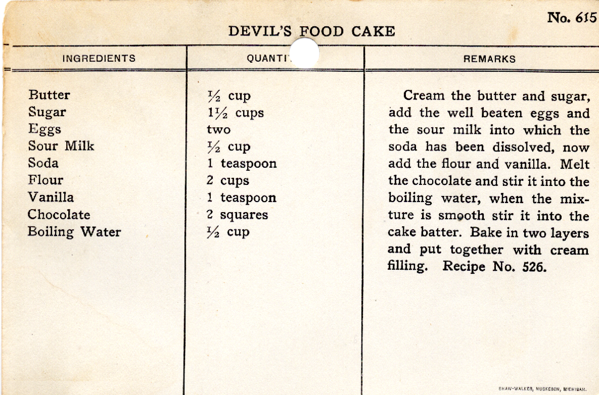 Original recipe card for Devil's Food Cake