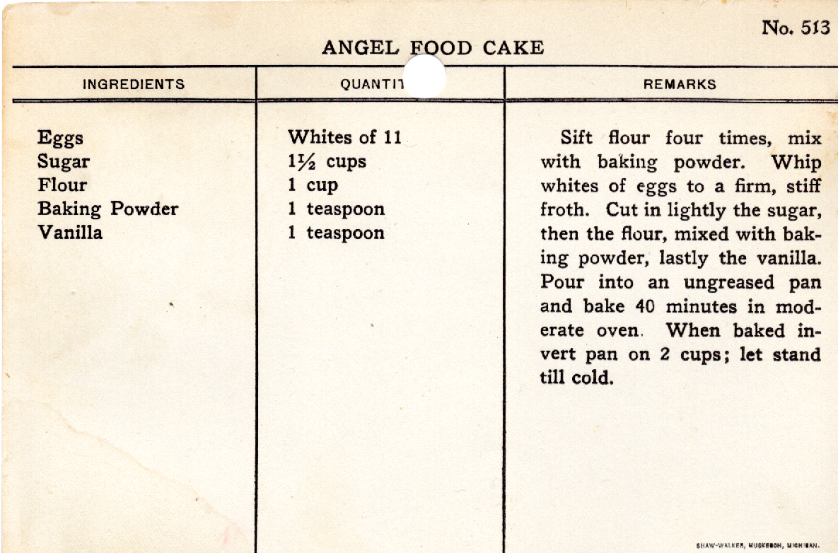 Original recipe card for Angel Food Cake