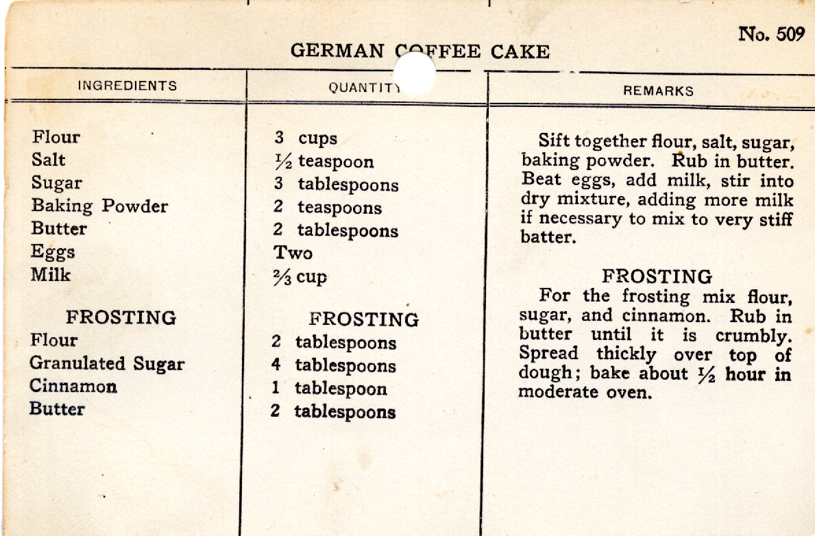 Original recipe card for German Coffee Cake