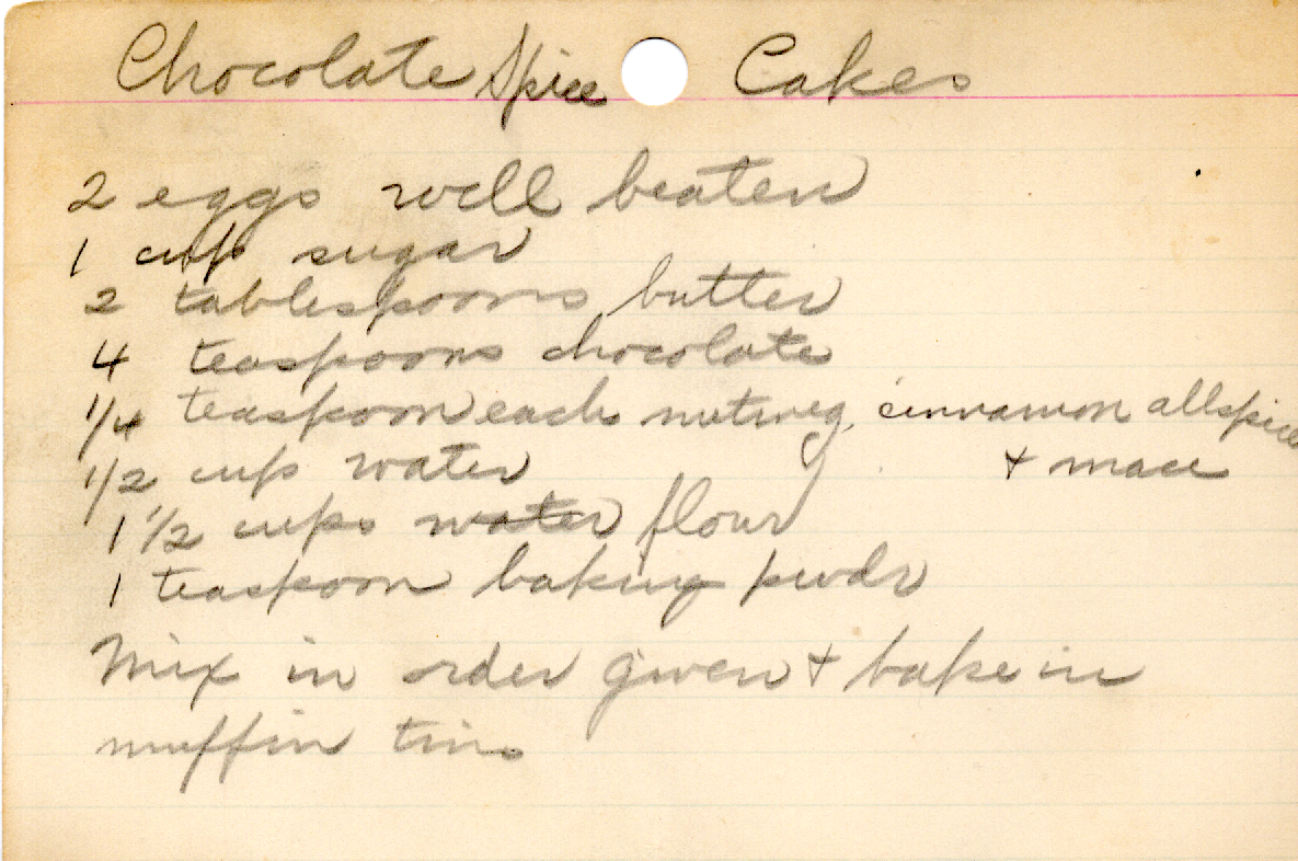 Original recipe card for Chocolate Spice Cake