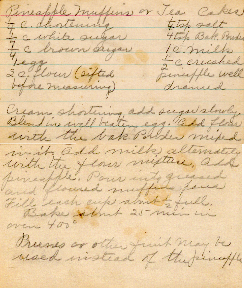 Original recipe card for Pineapple Muffins or Tea Cakes