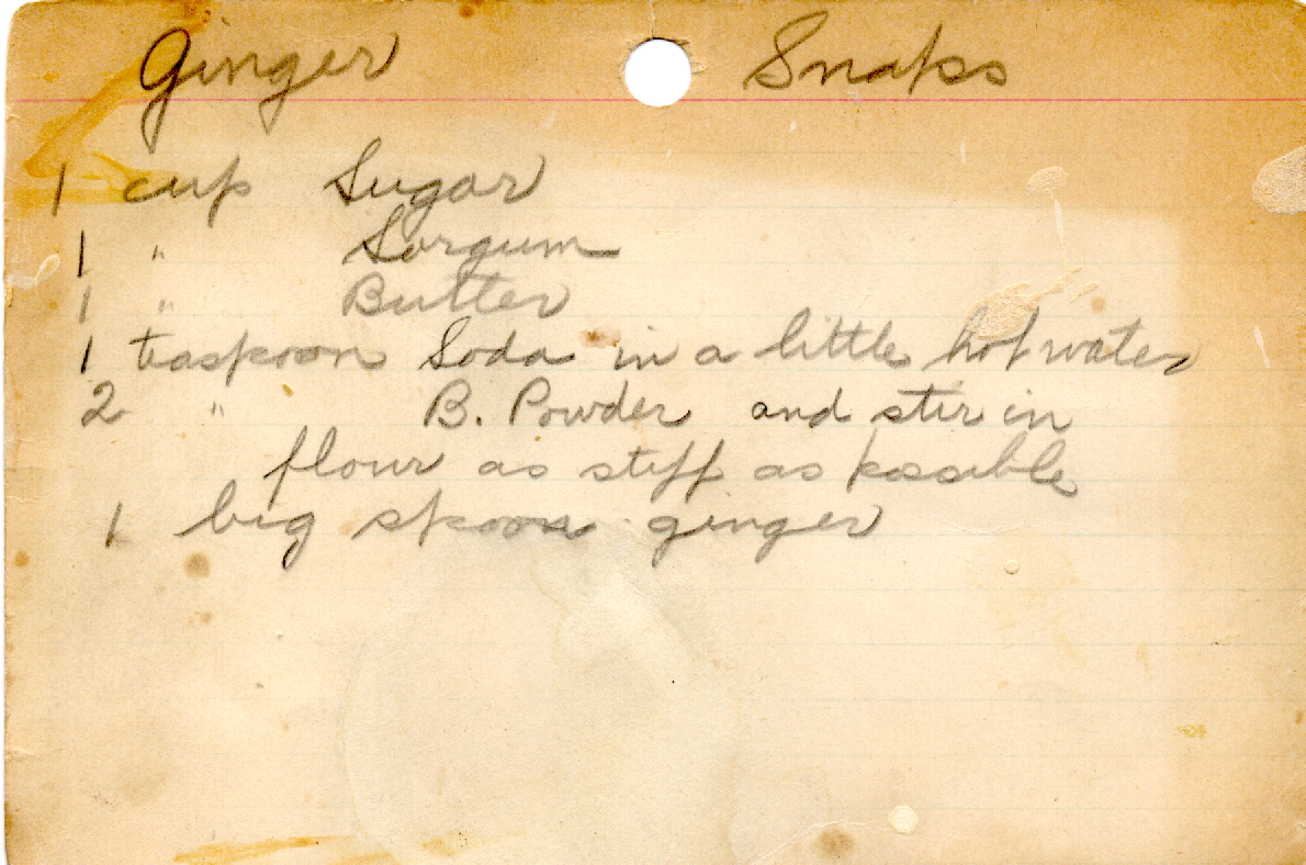 Original recipe card for Ginger Snaps