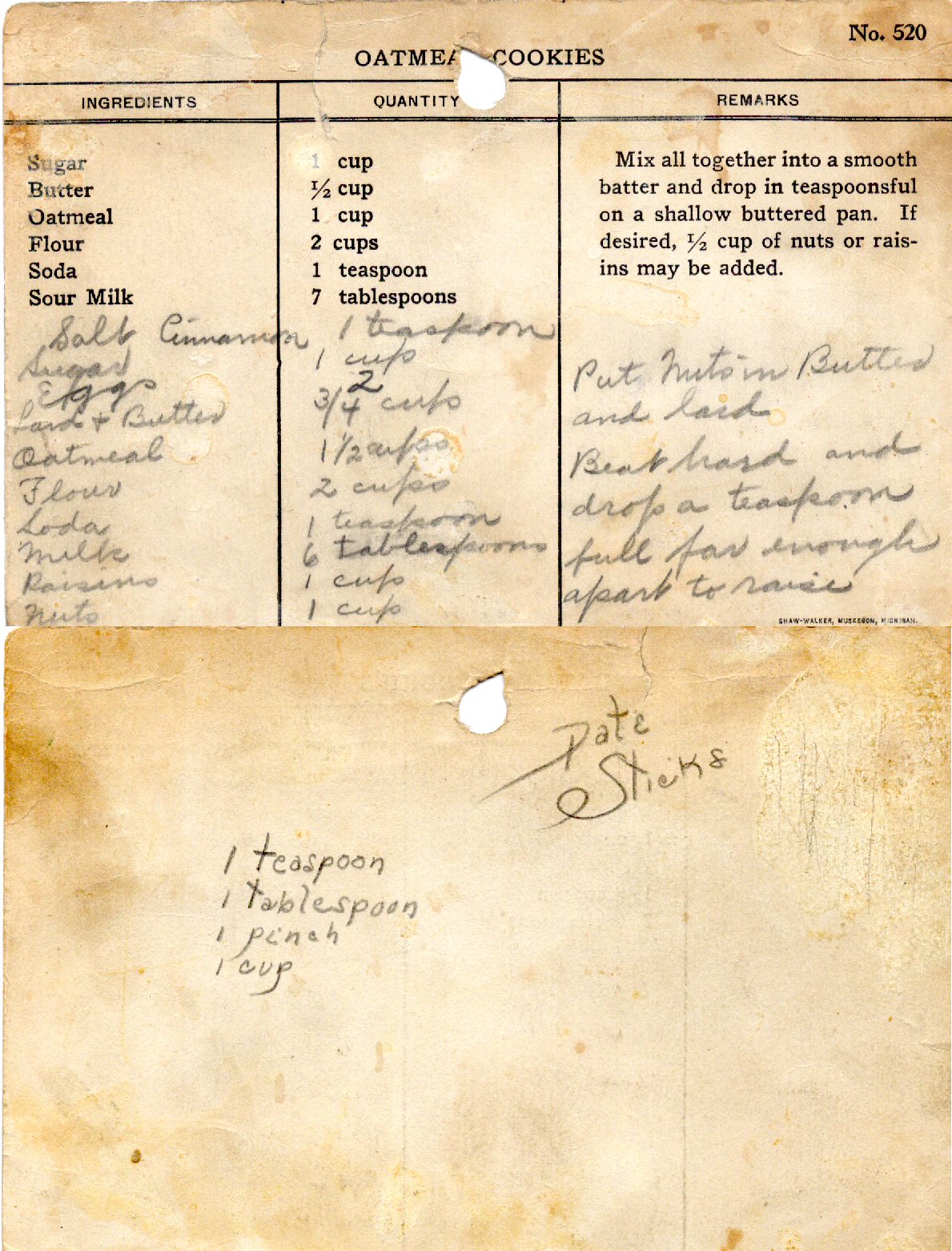 Original recipe card for Oatmeal Cookies