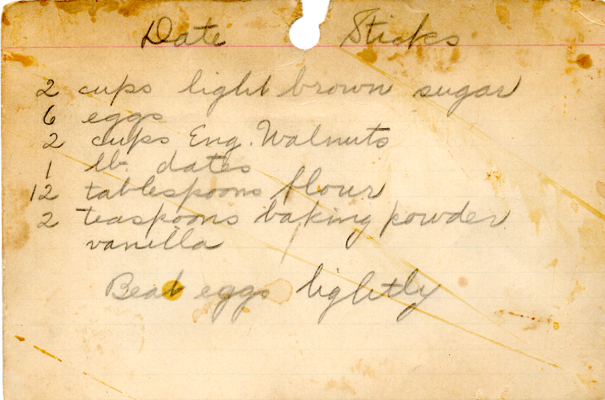 Original recipe card for Date Sticks