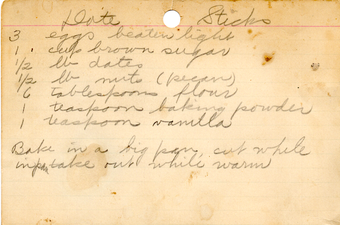 Original recipe card for Date Sticks