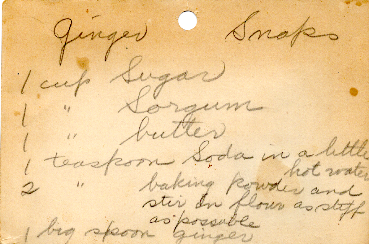 Original recipe card for Ginger Snaps