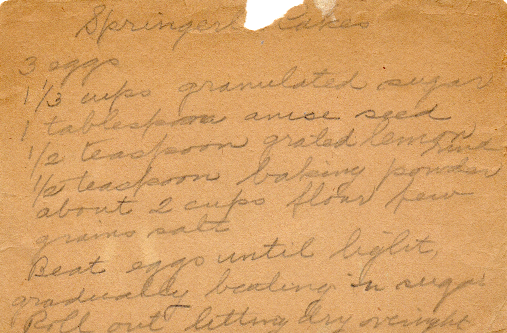 Original recipe card for Springerle Cookies