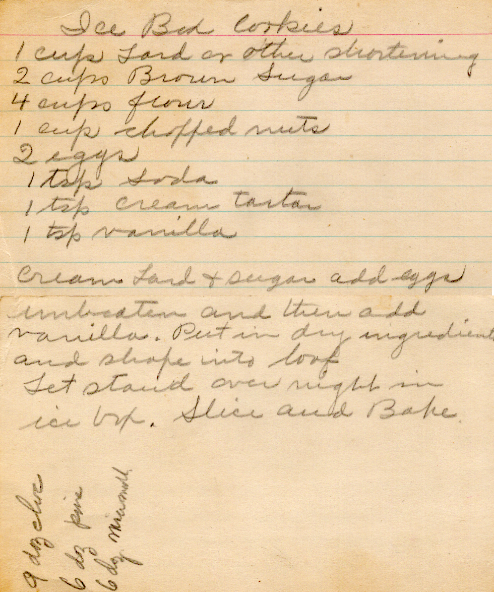 Original recipe card for Ice Box Cookies
