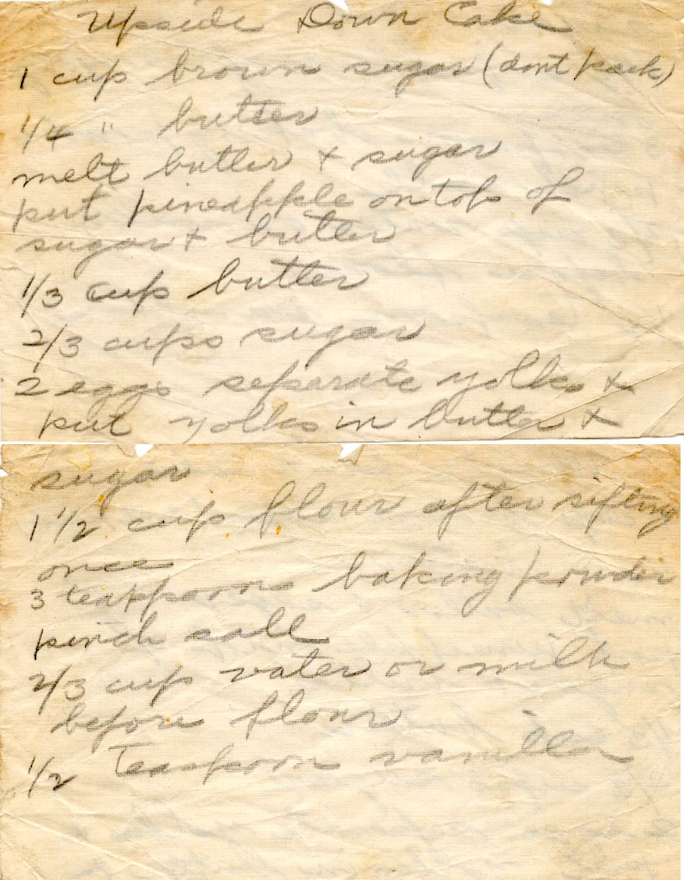 Original recipe card for Upside Down Cake
