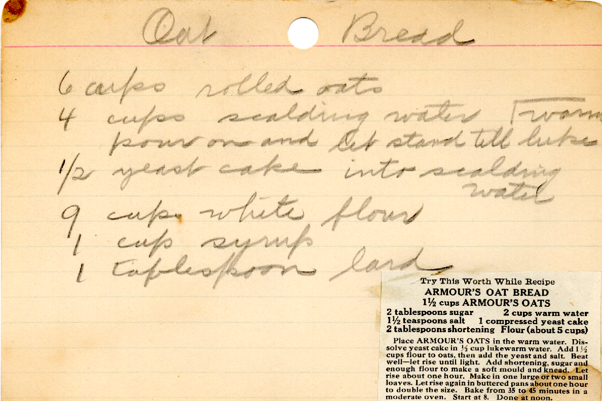 Original recipe card for Armour's Oat Bread