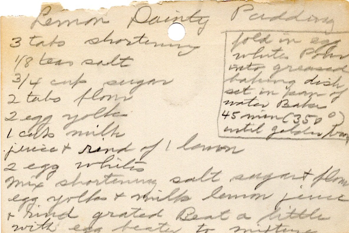 Original recipe card for Lemon Dainty Pudding