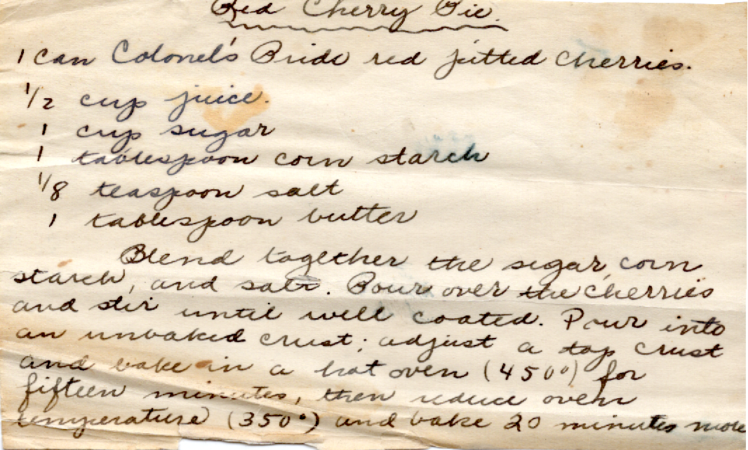 Original recipe card for Red Cherry Pie