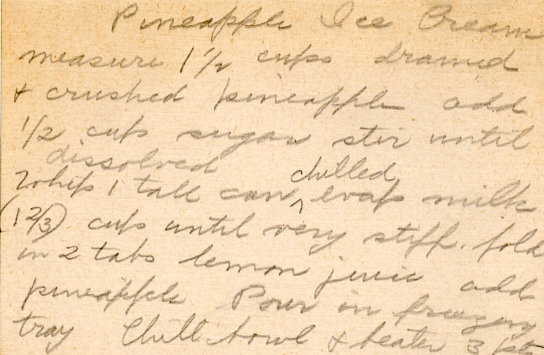 Original recipe card for Pineapple Ice Cream