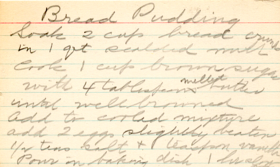 Original recipe card for Bread Pudding