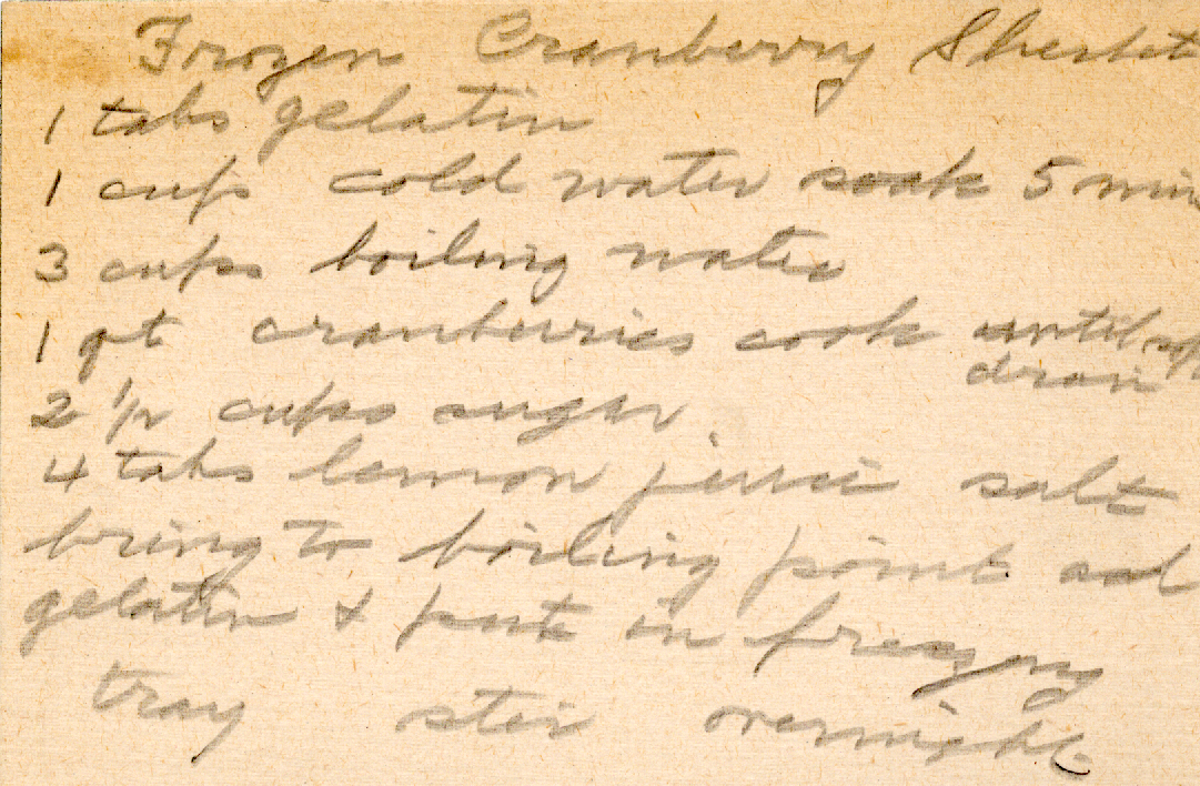Original recipe card for Frozen Cranberry Sherbet