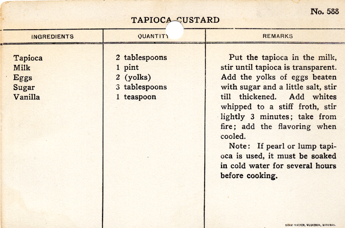 Original recipe card for Tapioca Custard
