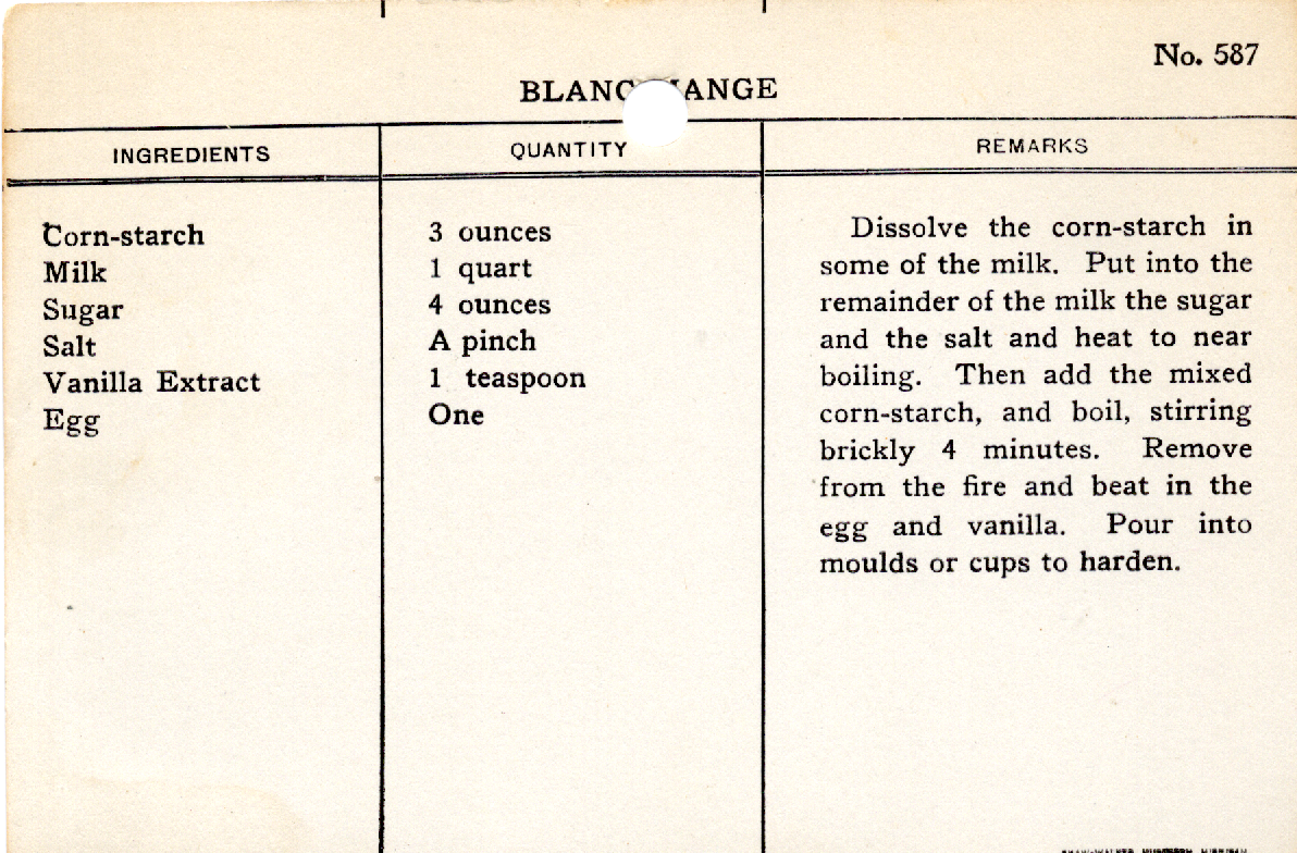 Original recipe card for Blanc Mange