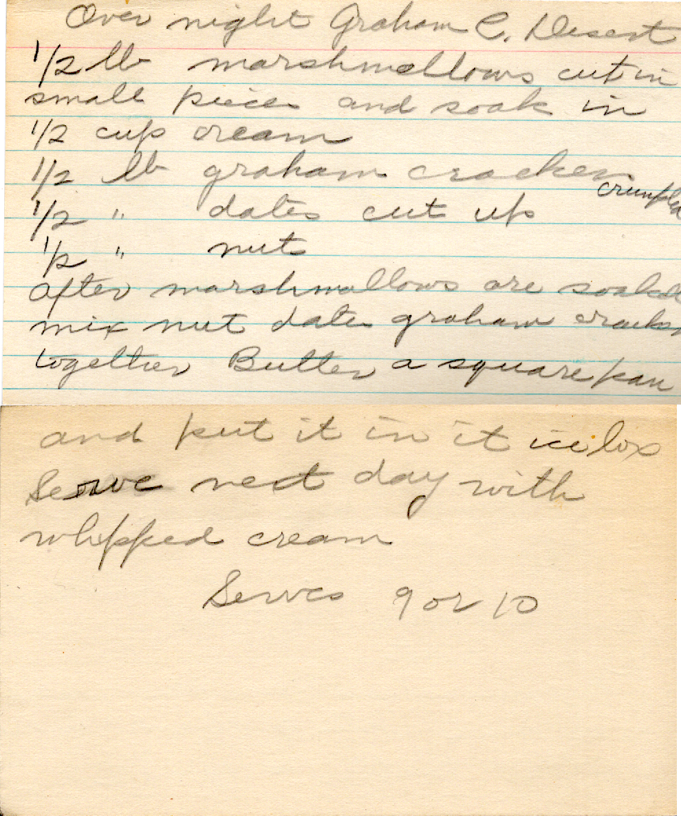 Original recipe card for Overnight Graham Cracker Dessert