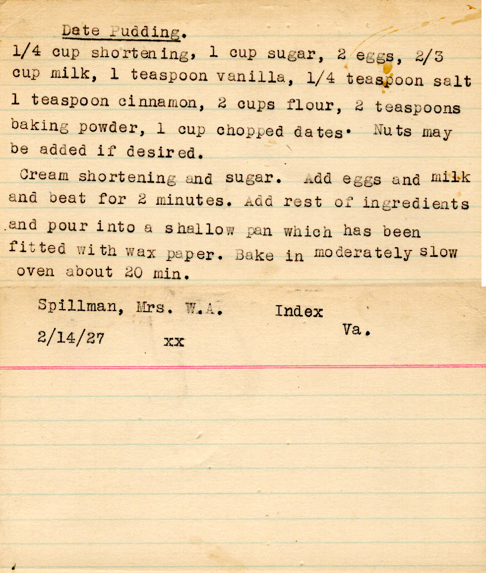 Original recipe card for Date Pudding
