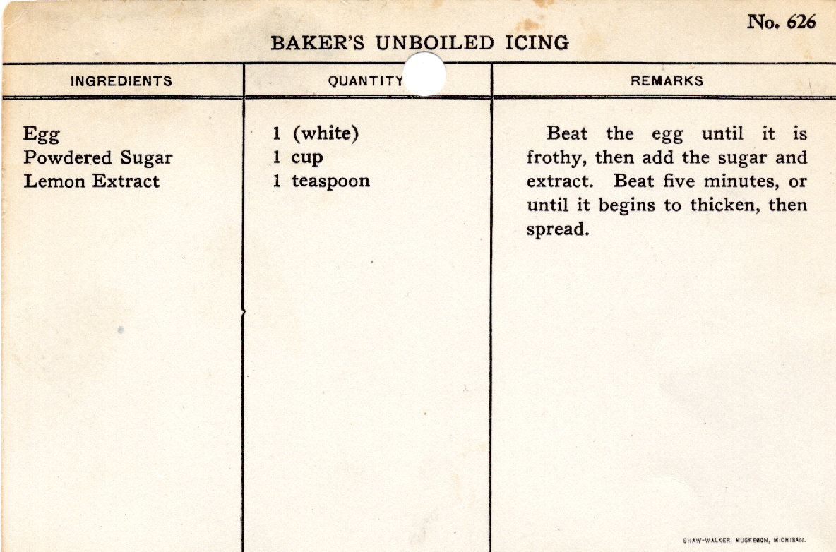 Original recipe card for Baker's Unboiled Icing