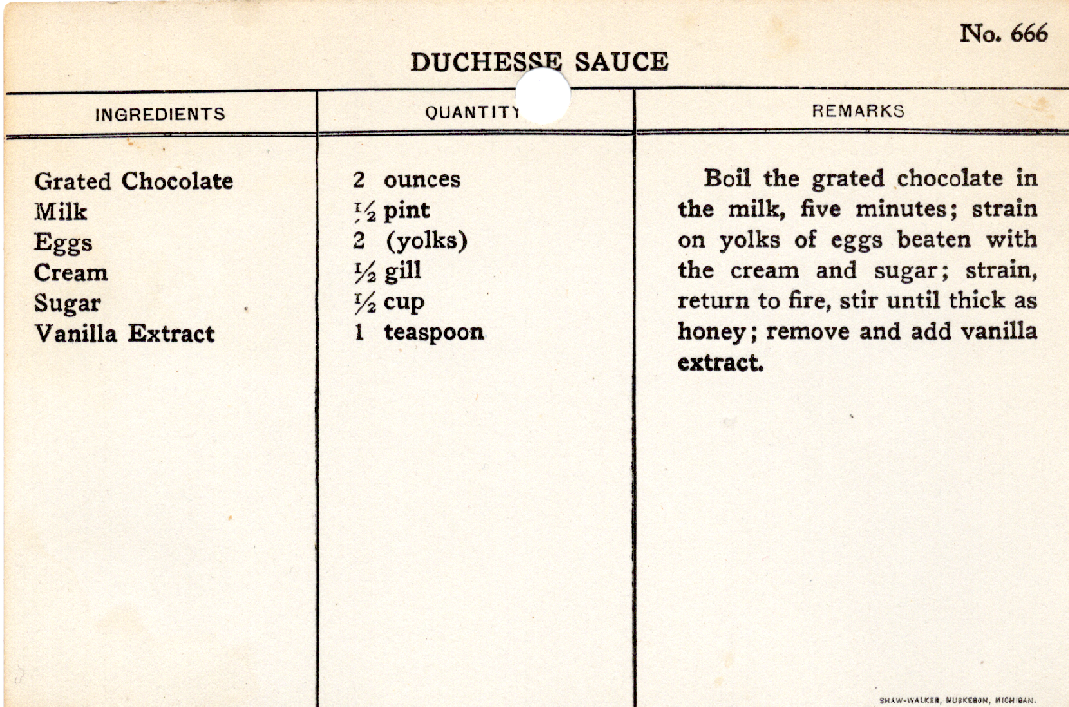 Original recipe card for Duchesse Sauce