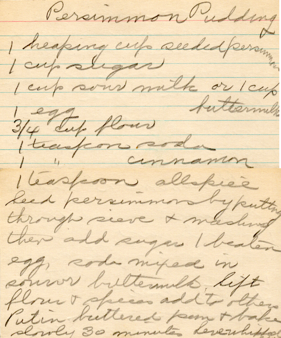 Original recipe card for Persimmon Pudding
