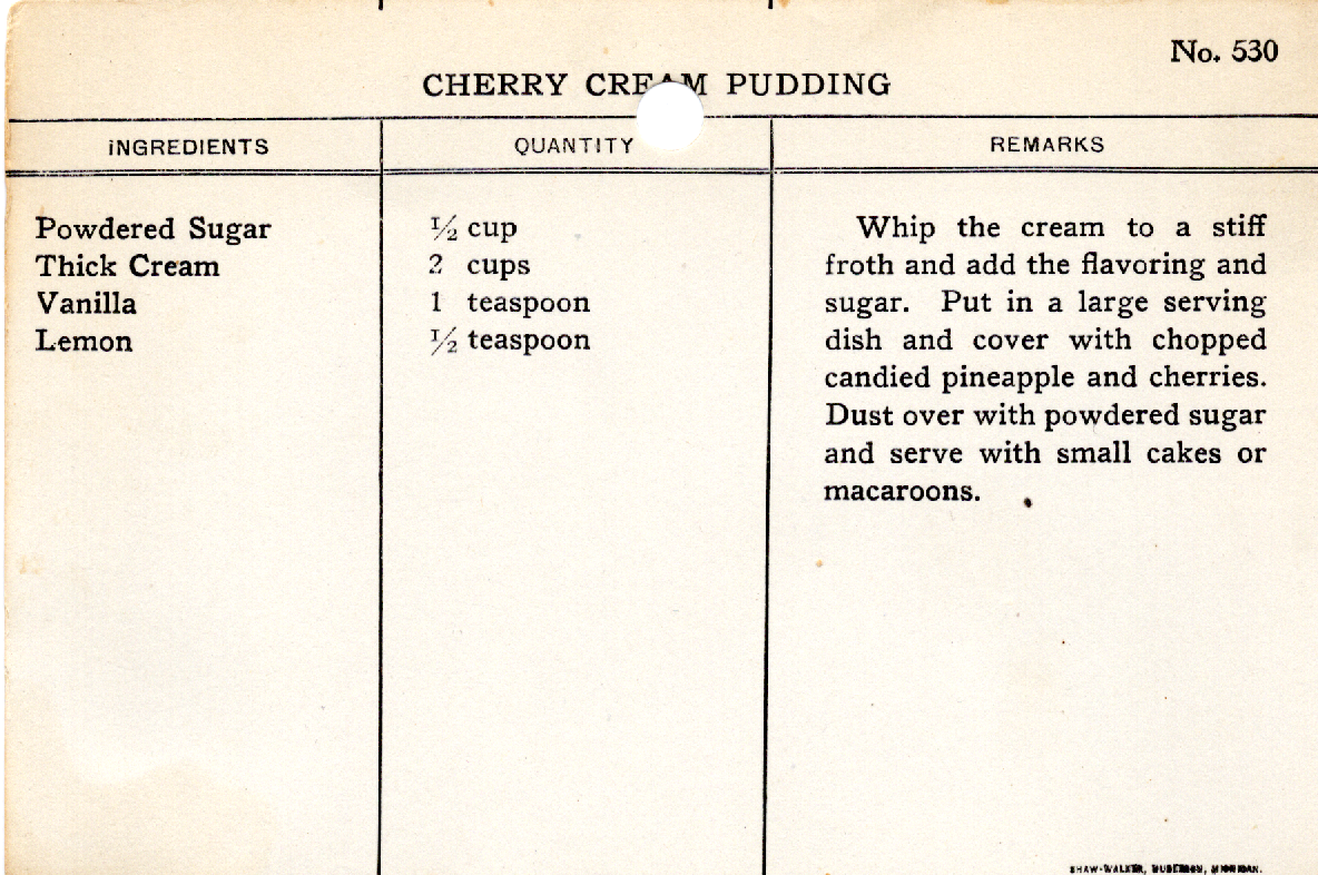 Original recipe card for Cherry Cream Pudding