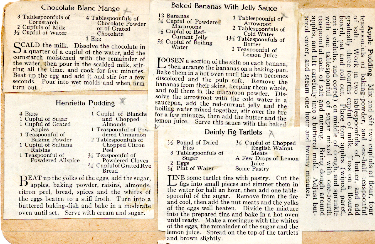 Original recipe card for Chocolate Blanc Mange