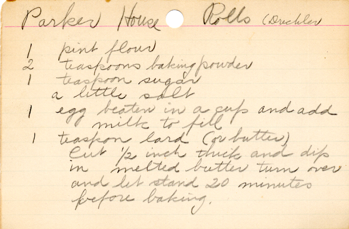 Original recipe card for Parker House Rolls