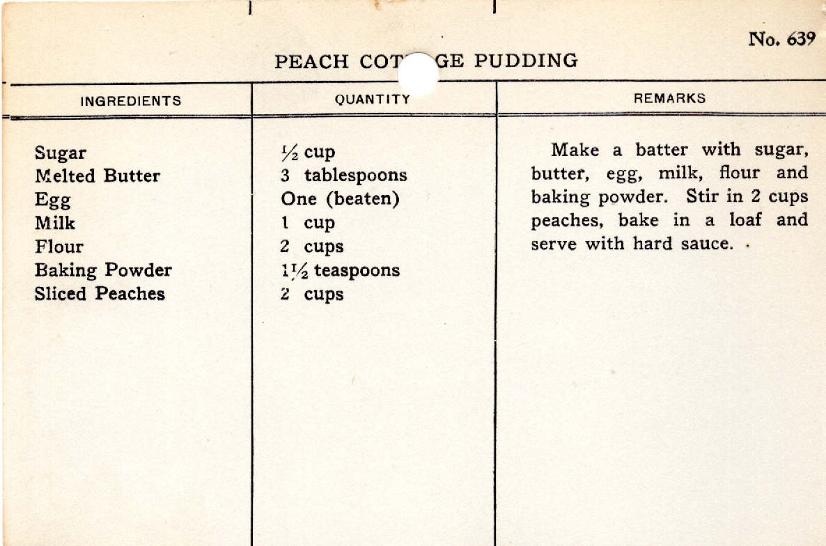 Original recipe card for Peach Cottage Pudding
