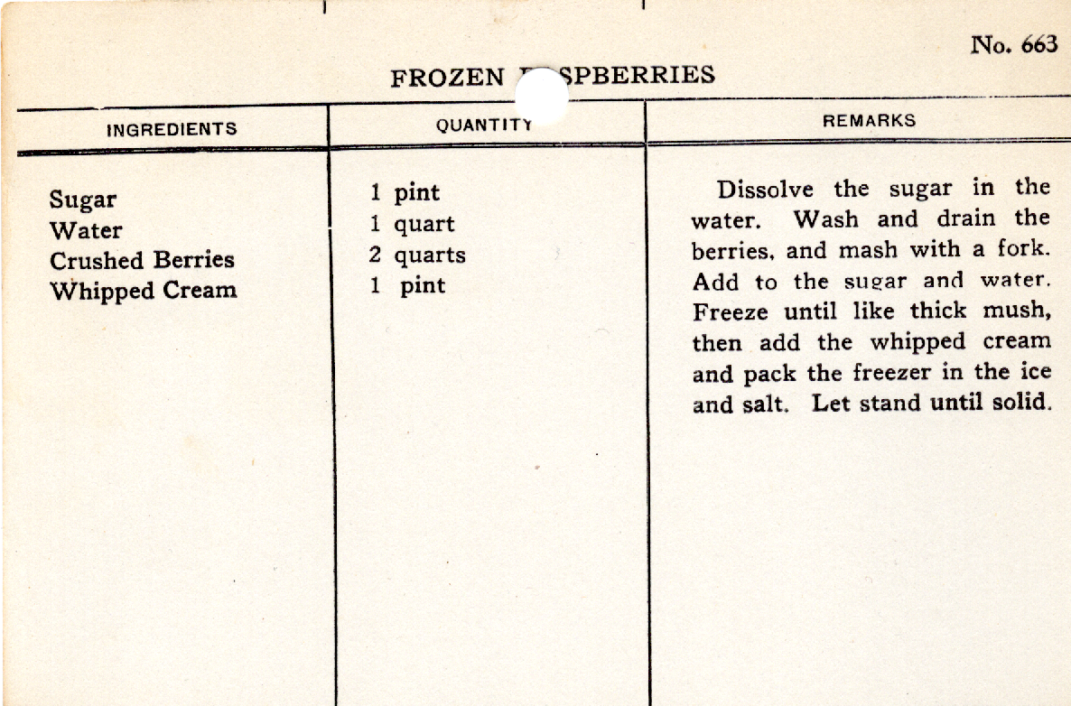 Original recipe card for Frozen Raspberries