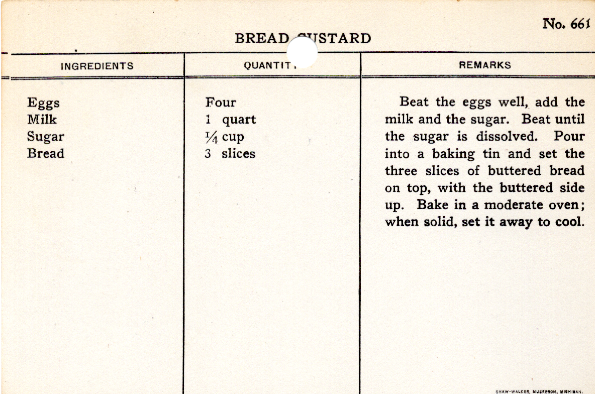 Original recipe card for Bread Custard