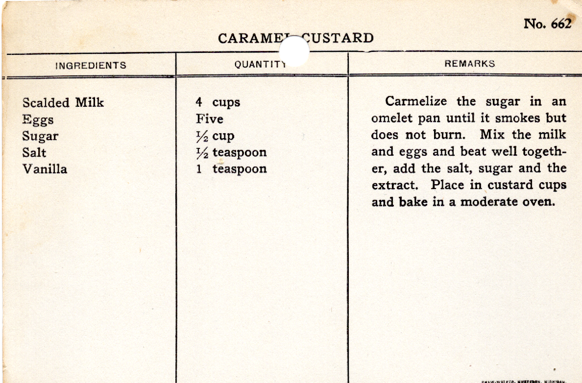 Original recipe card for Caramel Custard